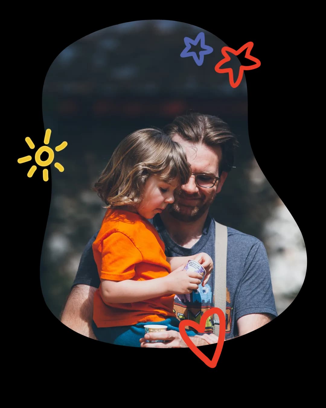 A parent holding their child at camp, framed by Ukandu's hand-drawn stars, sun and heart
