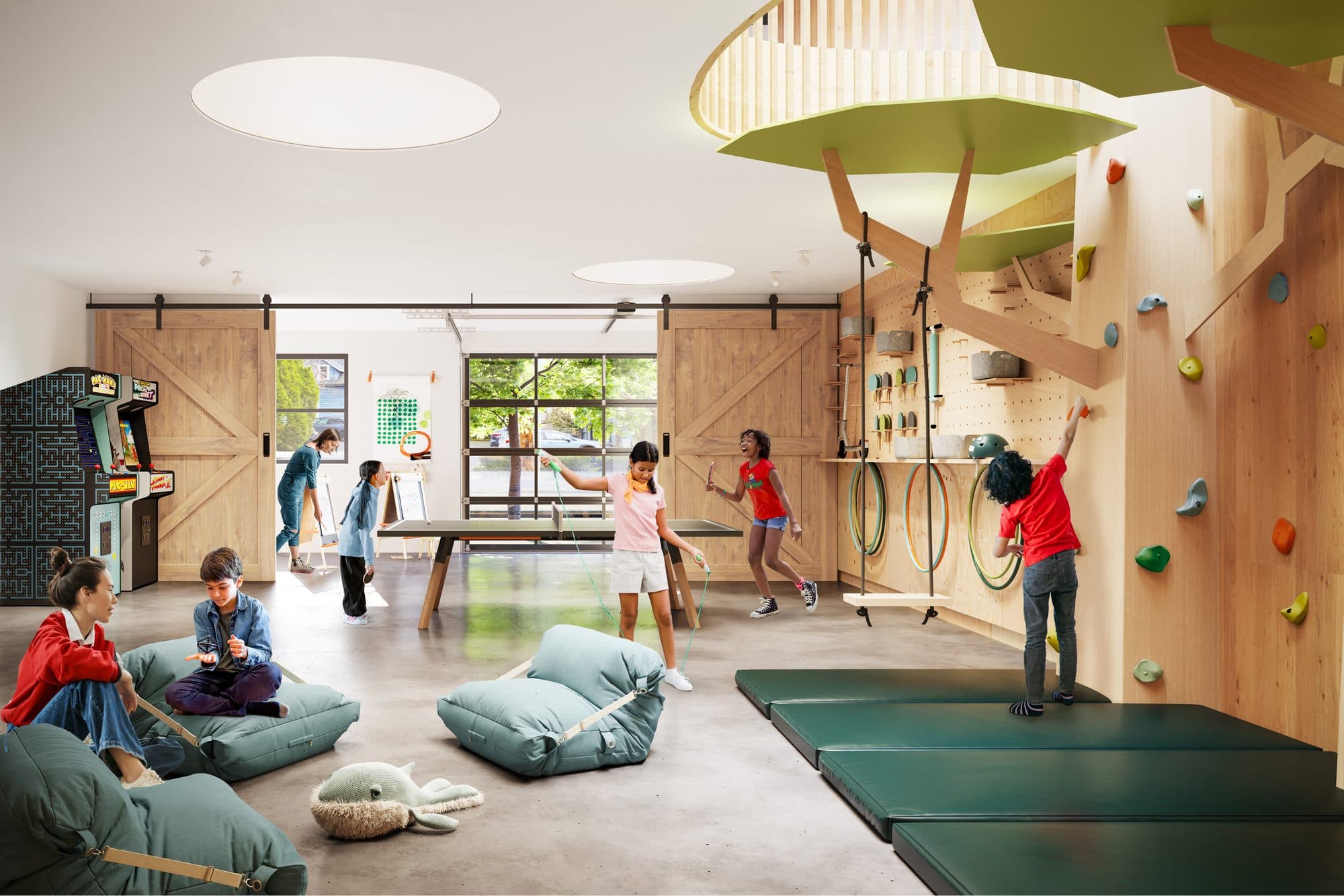 Rendering of The Loft activity room with a climbing wall and games